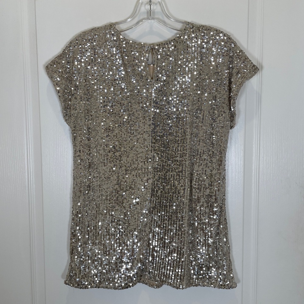 Cable & Gauge Women Silver / Champagne Sequins Blouse Short Sleeve Party‎ NWT M - Picture 5 of 5